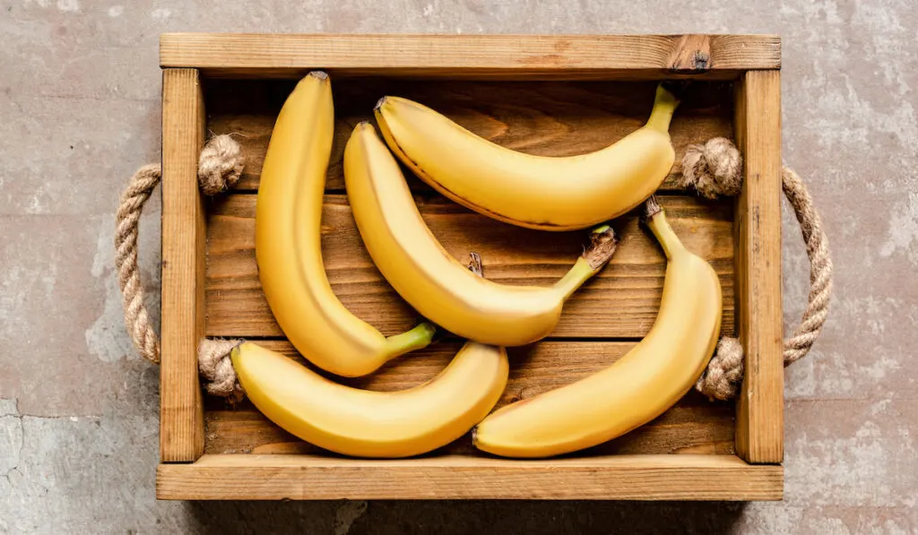 top view of banana on wooden box