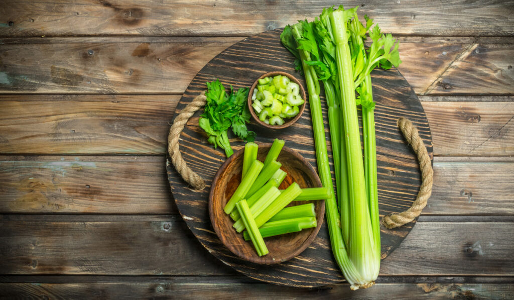 fresh celery and sliced celery on a round tray 