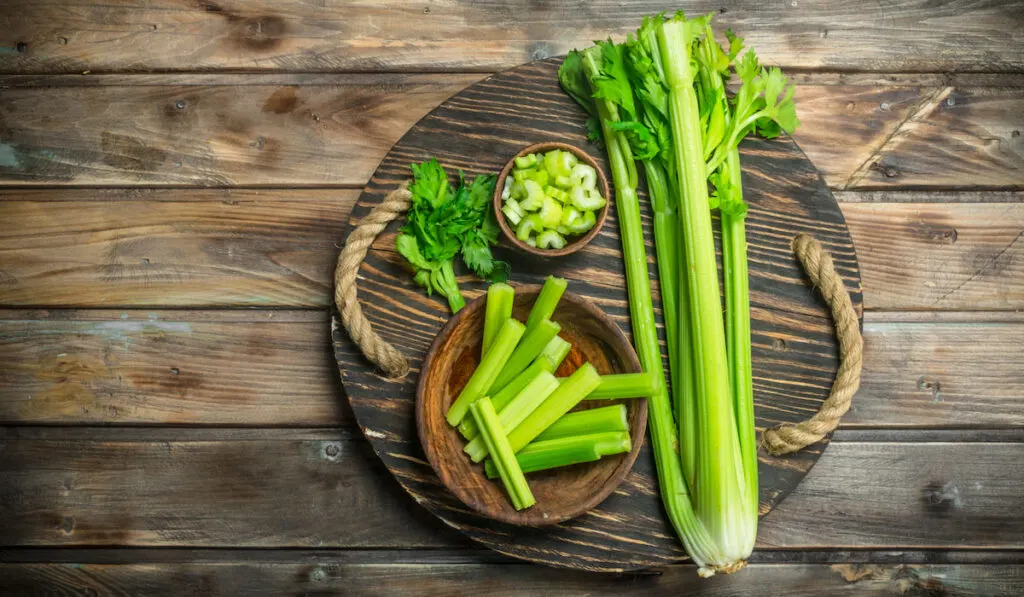 fresh celery and sliced celery on a round tray 