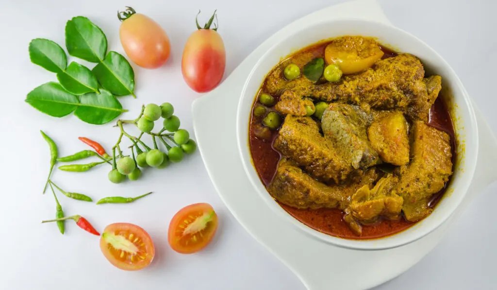 Duck curry with southern recipes on white bowl with tomatoes, chillis, spices, on white table