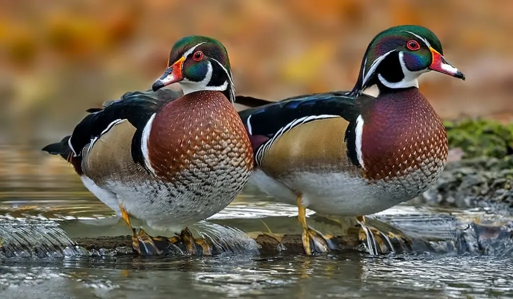 Two Carolina wood ducks standing on a running water on a river