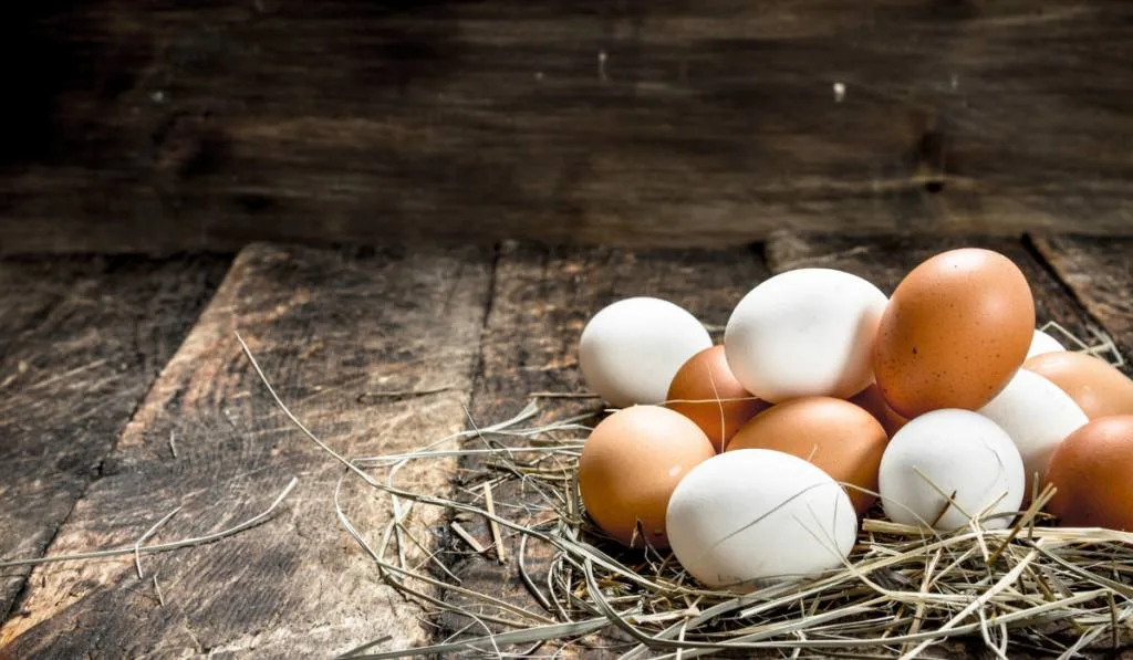 Chicken eggs on the straw. On a wooden background.