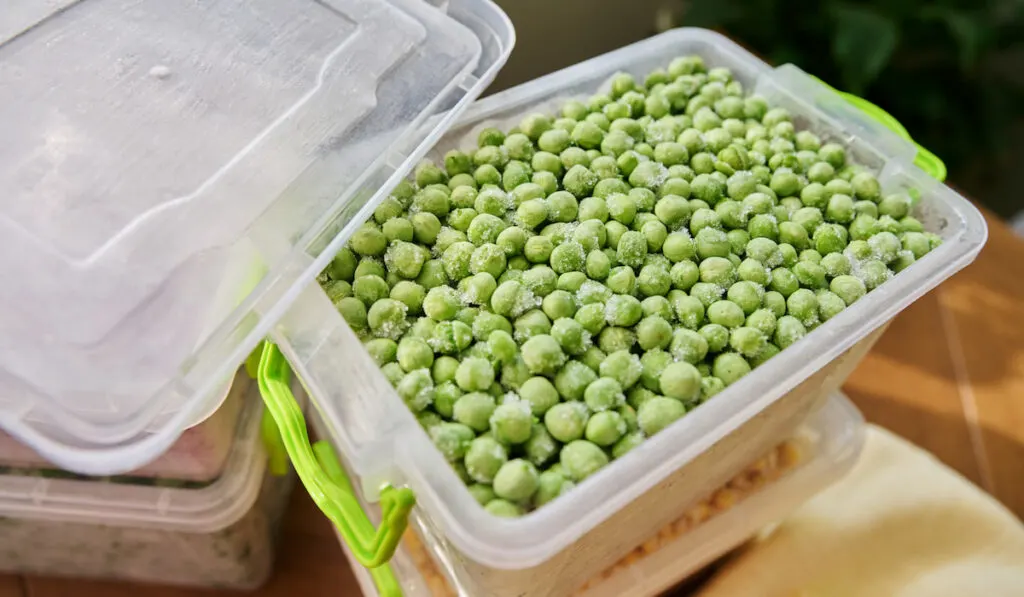 Frozen green peas in plastic container