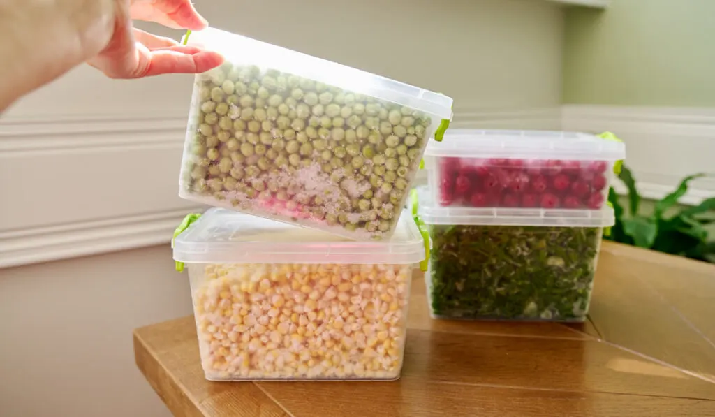 Frozen vegetables and fruits, corn, peas, cherries in plastic containers