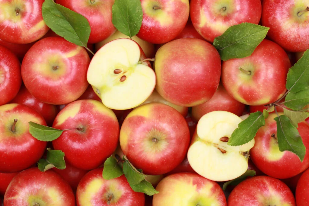 Group of red apples with their leaves