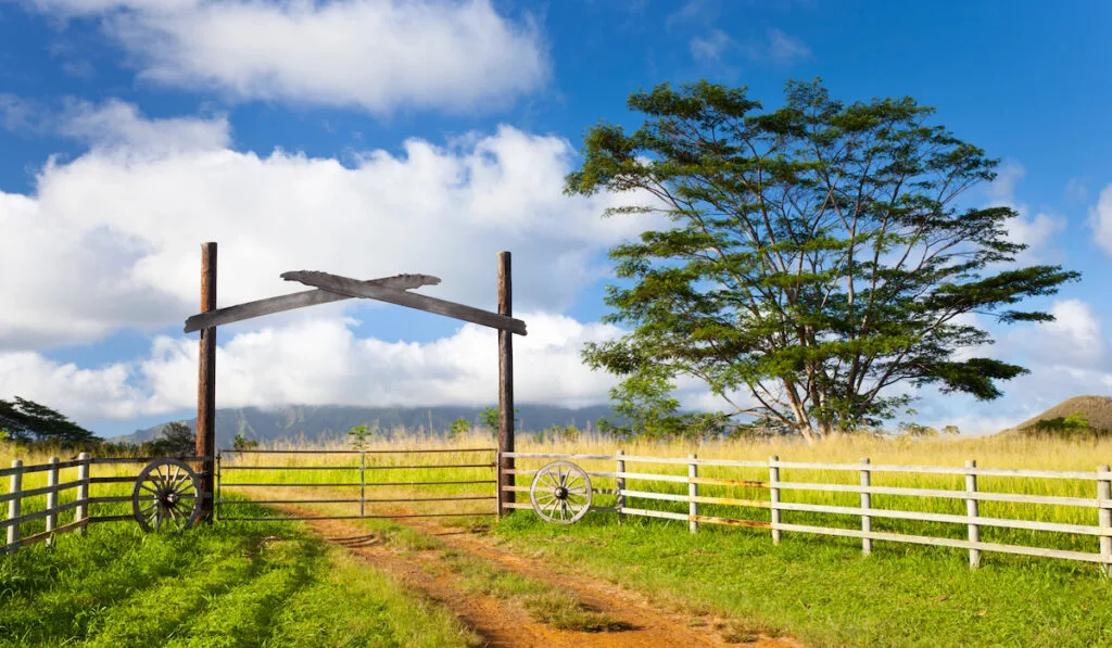 A farm gate near the Wailua Falls in Kauai, Hawaii